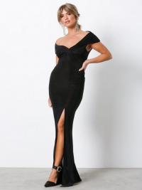 Maxikjoler - Black Missguided Slinky Bardot Warp Front Split Dress